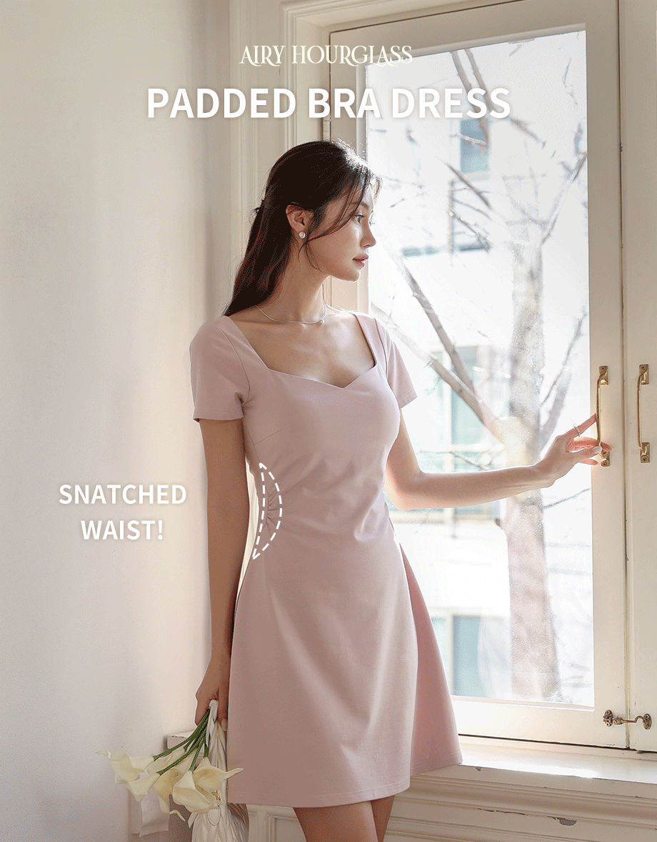 AIRY HOURGLASS Cooling Fabric Ruched Side Padded Mini Dress with Square Sweetheart Neckline